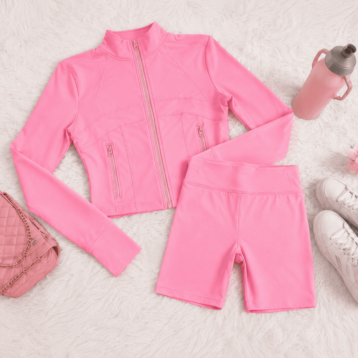 Pink Zip-Up Biker Lounge Set | SIZE: S
