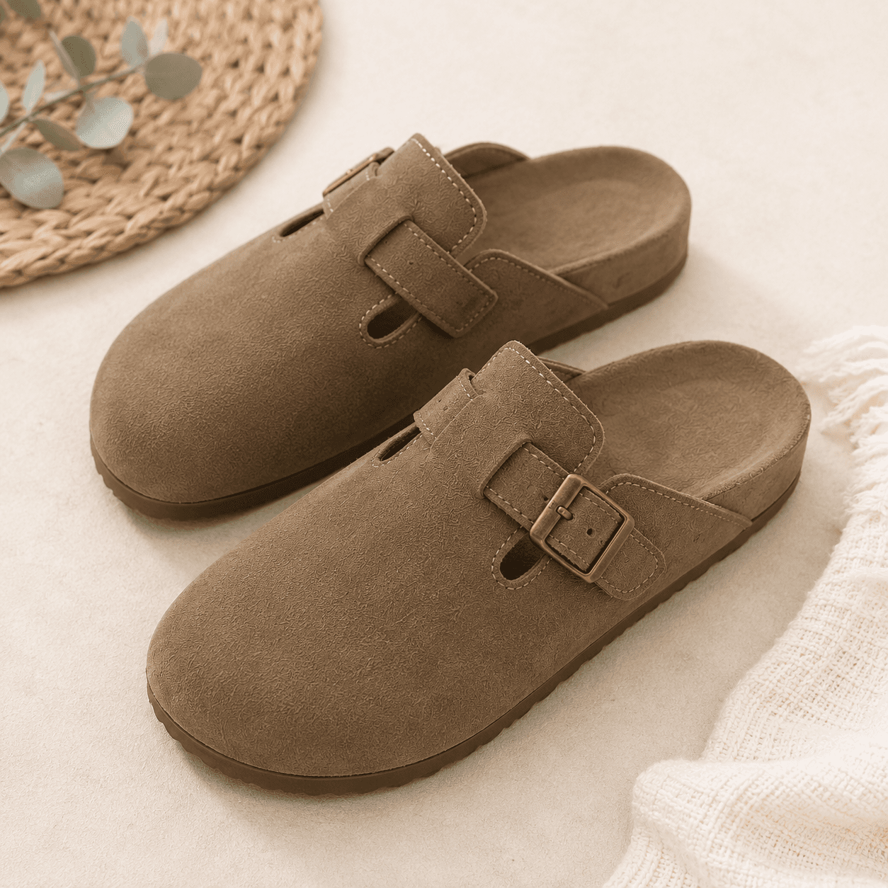 Taupe Buckle Comfort Slide Sandals | SIZE: 8.5