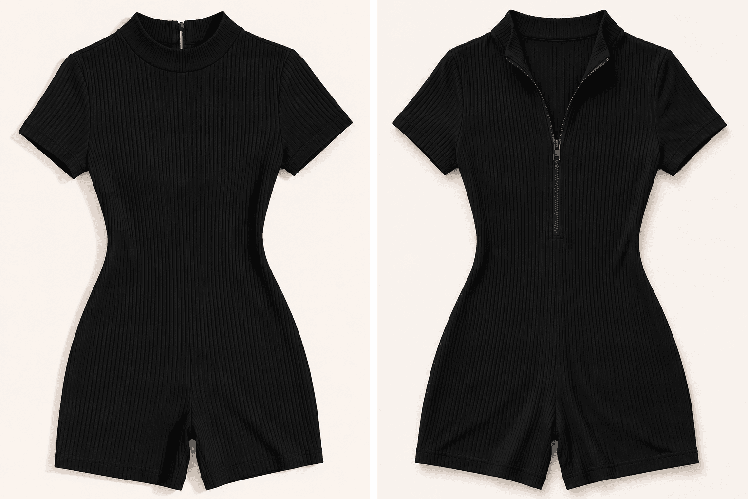 Onyx Ribbed Mock-Neck Romper Bodysuit & Black Zip-Front Ribbed Romper Bodysuit