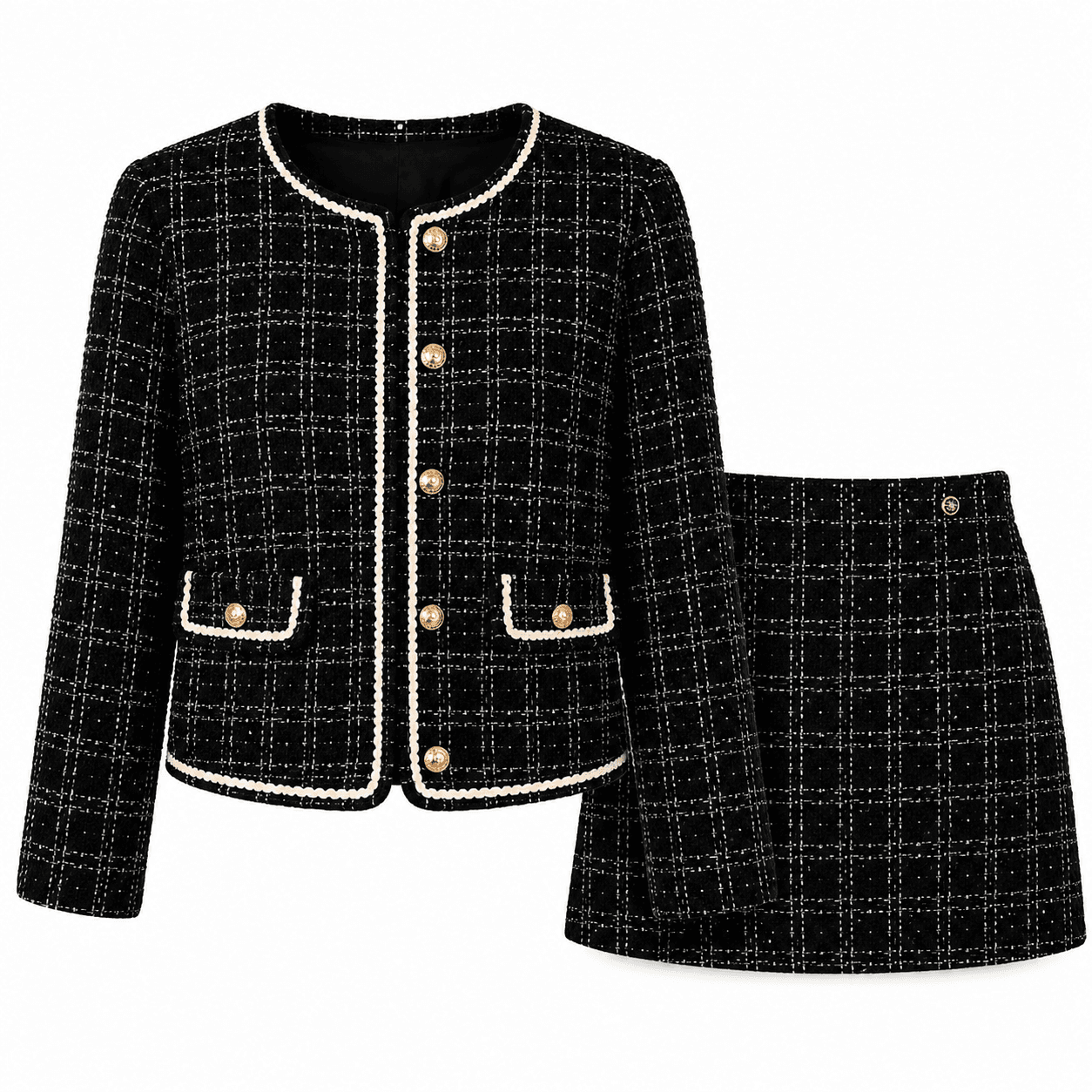 Winkbay Black Plaid Tweed 2-Piece Jacket & Mini Skirt Set | SIZE: XL