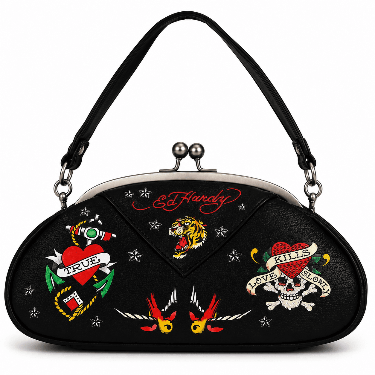 Ed Hardy Black Tattoo Print Kiss-Lock Shoulder Bag with Tiger & Skull Design