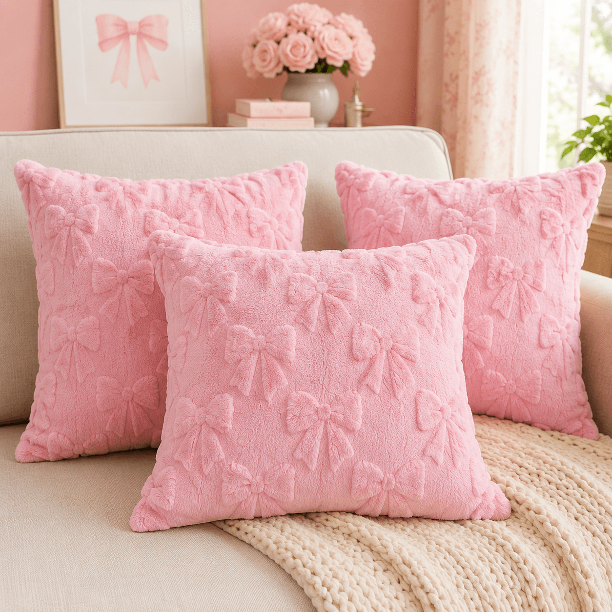 🎀 Pink Bow Throw Pillow Covers | Set of 3