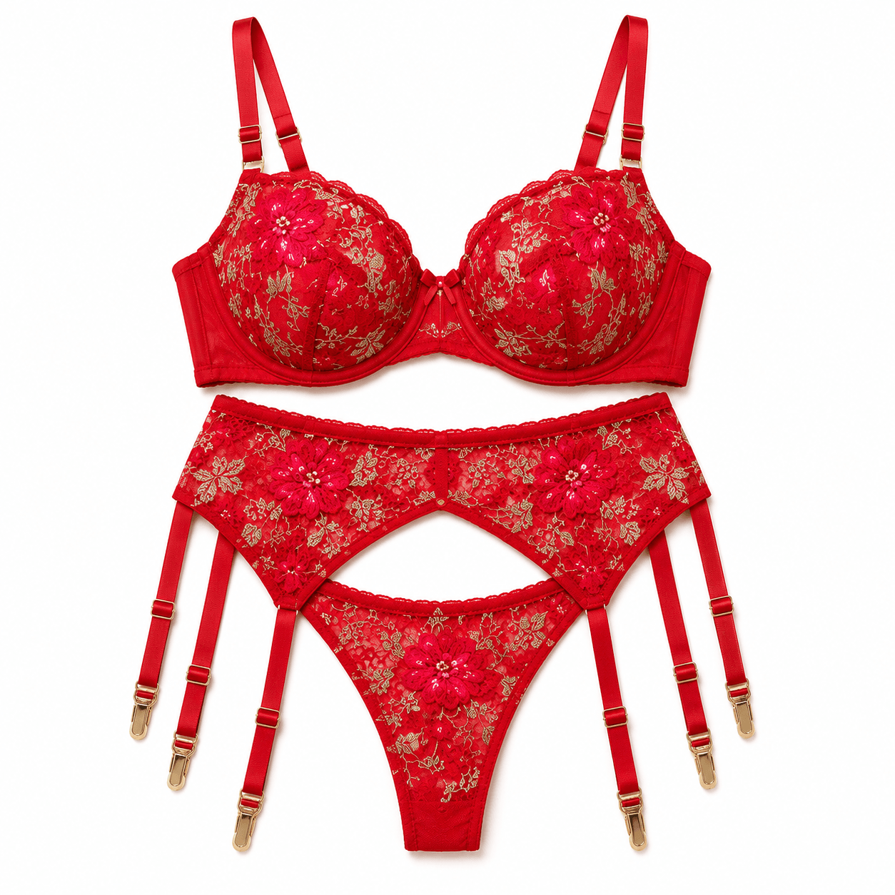 Red Floral Embroidery 3-Piece Lingerie Set 