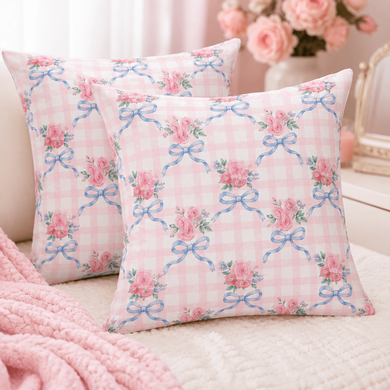 Fuasei Coquette Blue Bow Pillow Covers | 18x18 Decorative Throw Pillow Covers | Set of 2
