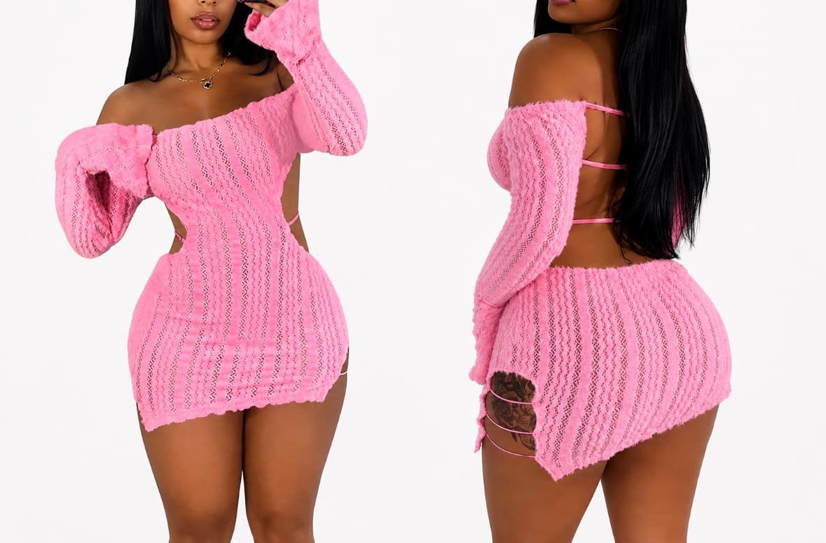 Pink Fuzzy Y2K Off-Shoulder Mini Dress | SIZE: XXL