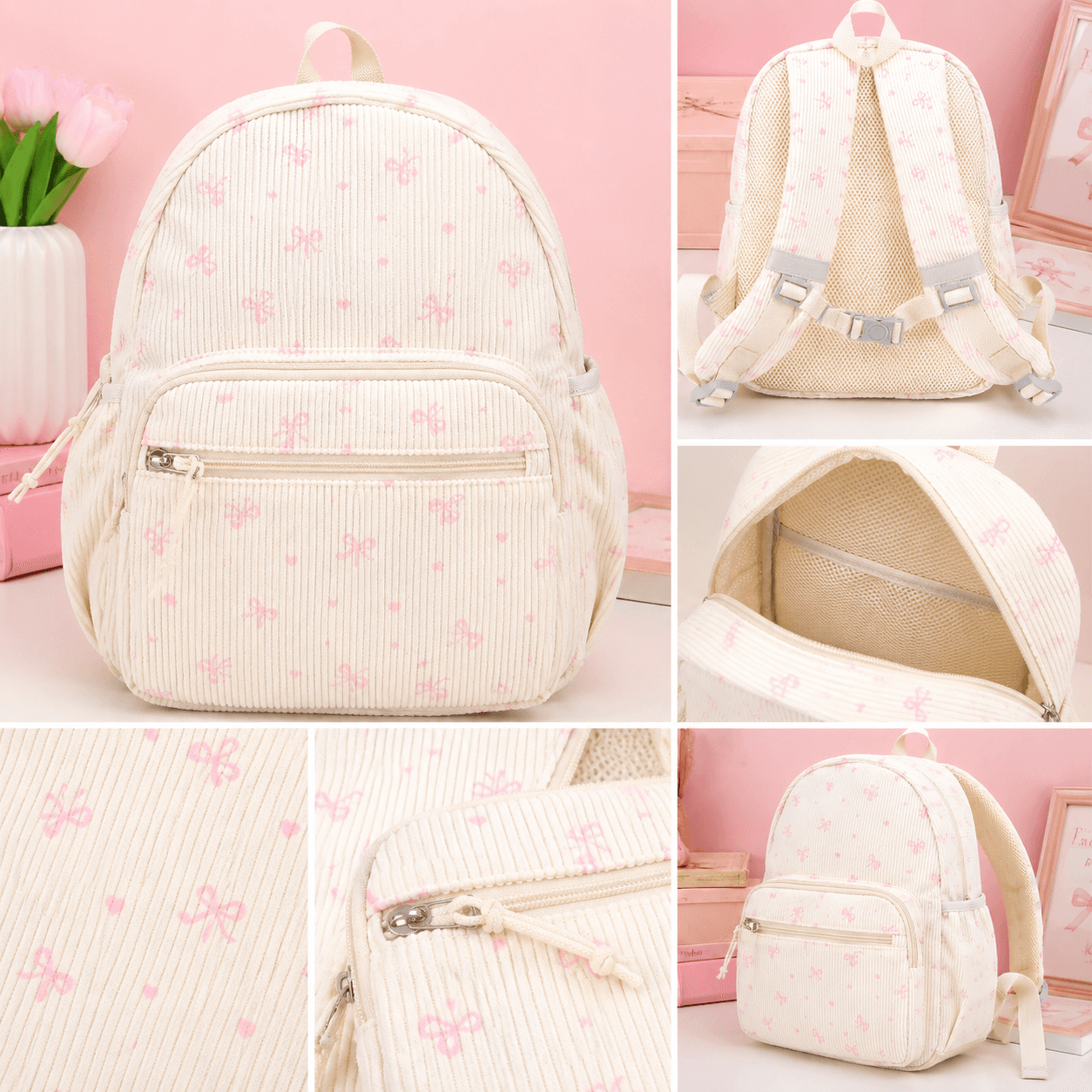 Pink Bow Corduroy Backpack