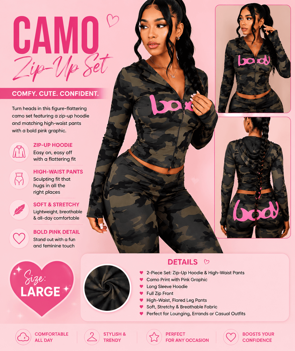 Camo Pink Graphic Zip-Up 2-Piece Set | LARGE