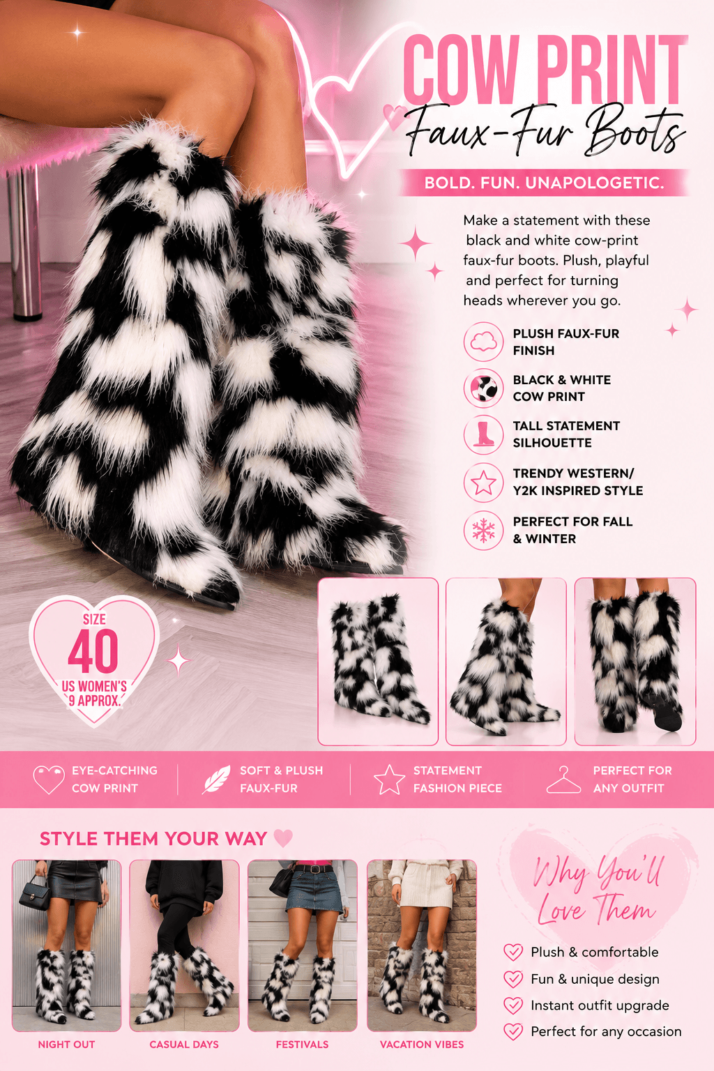 Black & White Cow Print Faux-Fur Boots