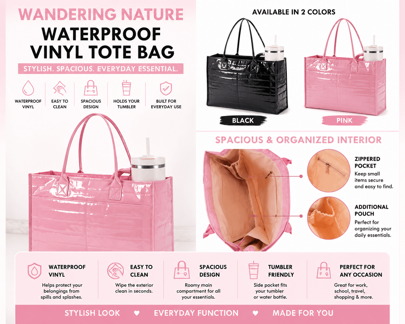 Wandering Nature Waterproof Vinyl Tote Bag | Black & Pink
