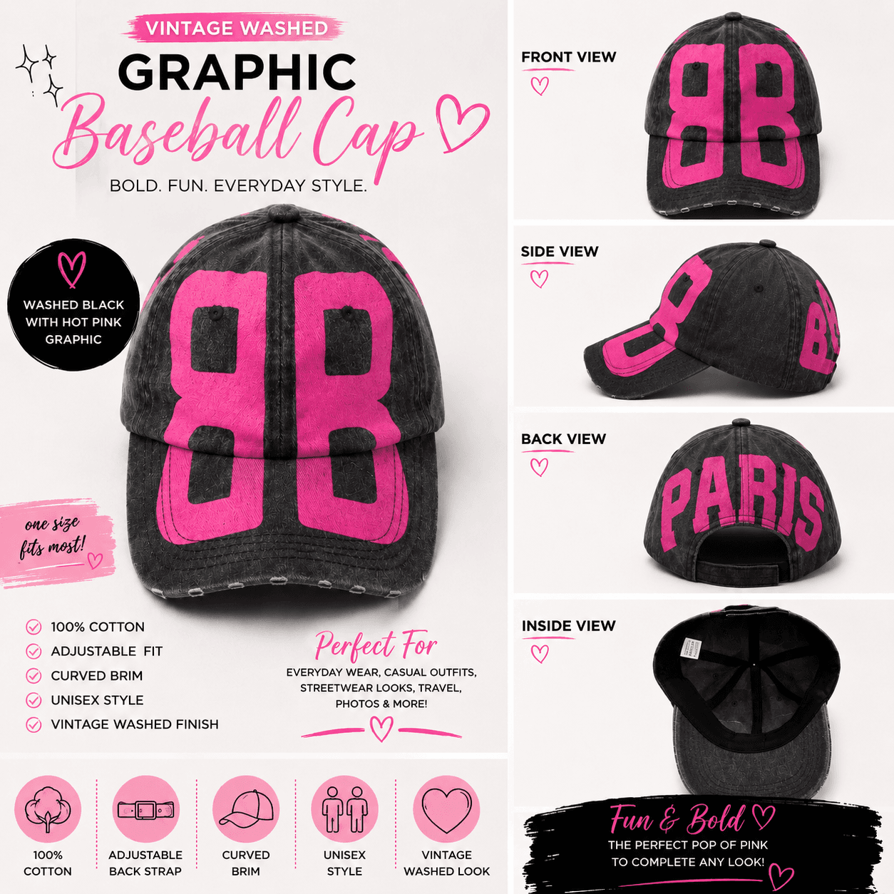 🩷 Vintage Washed Black & Hot Pink Graphic Baseball Cap