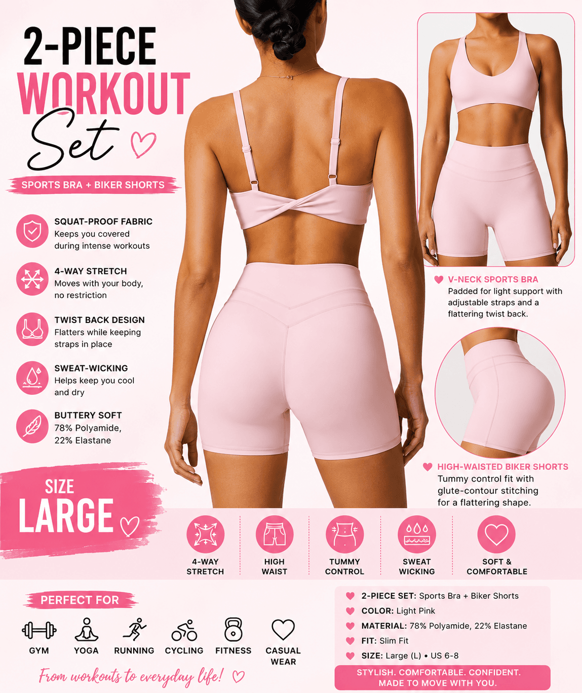 Pink 2-Piece Women’s Workout Set | Sports Bra & Biker Shorts
