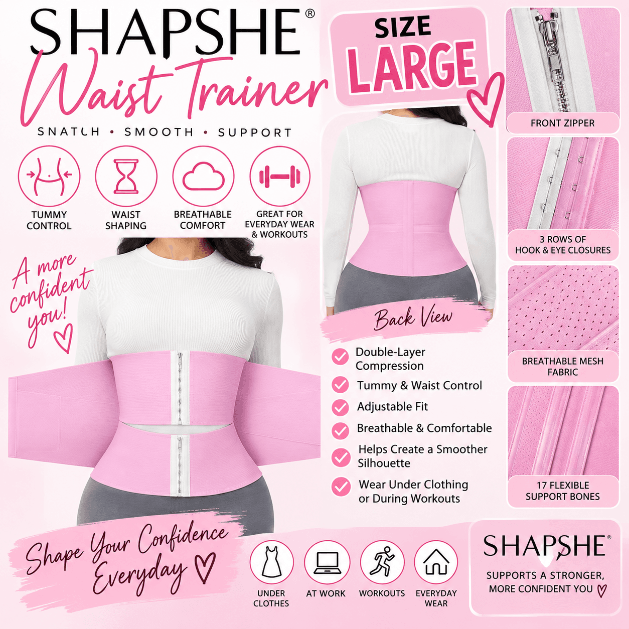 💕 SHAPSHE Pink Waist Trainer | Tummy Control Waist Cincher | LARGE