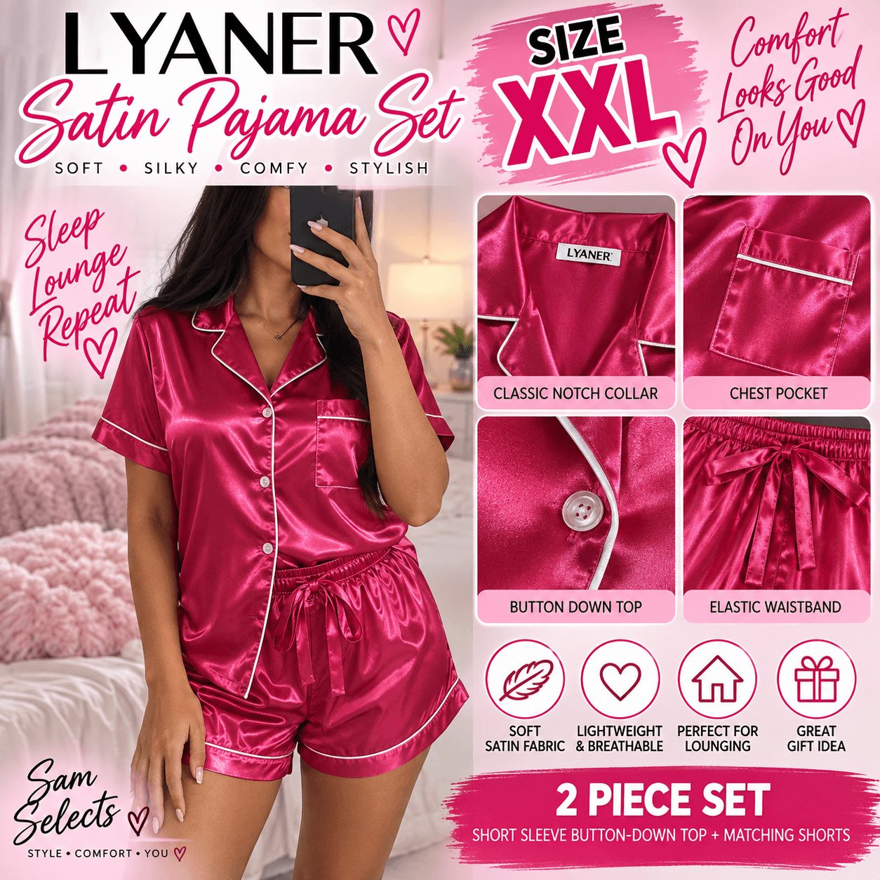 💗 LYANER Pink Satin 2-Piece Pajama Set | XXL