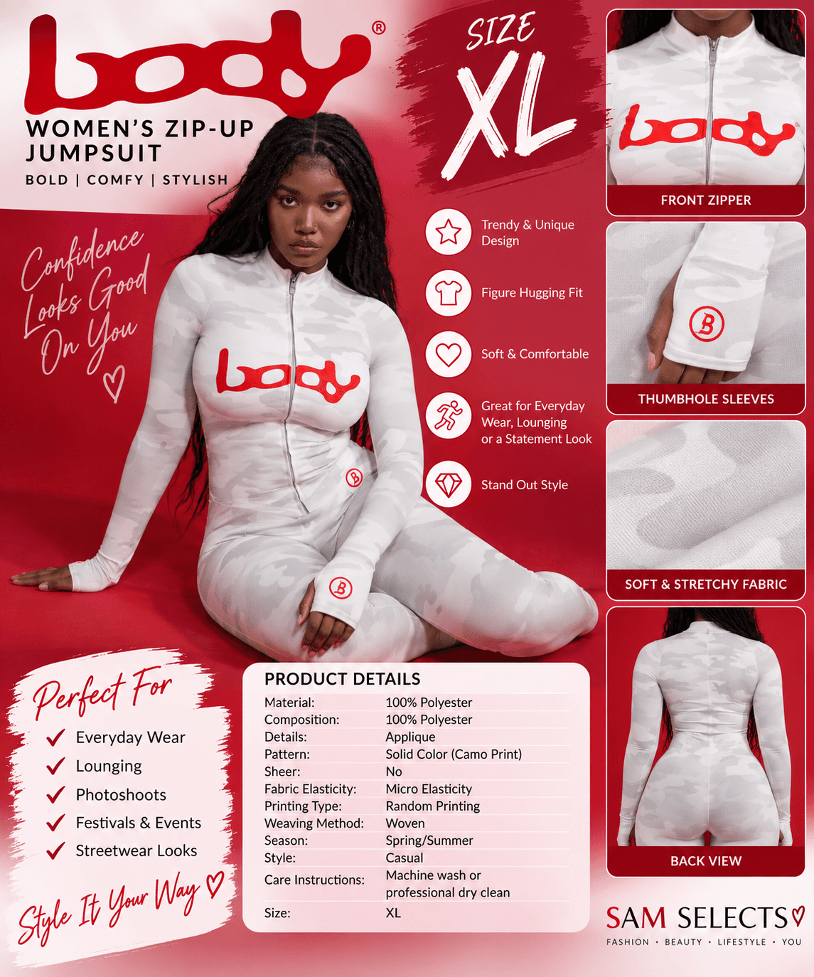 🤍 Women’s White & Gray Camo Zip-Up Jumpsuit | XL
