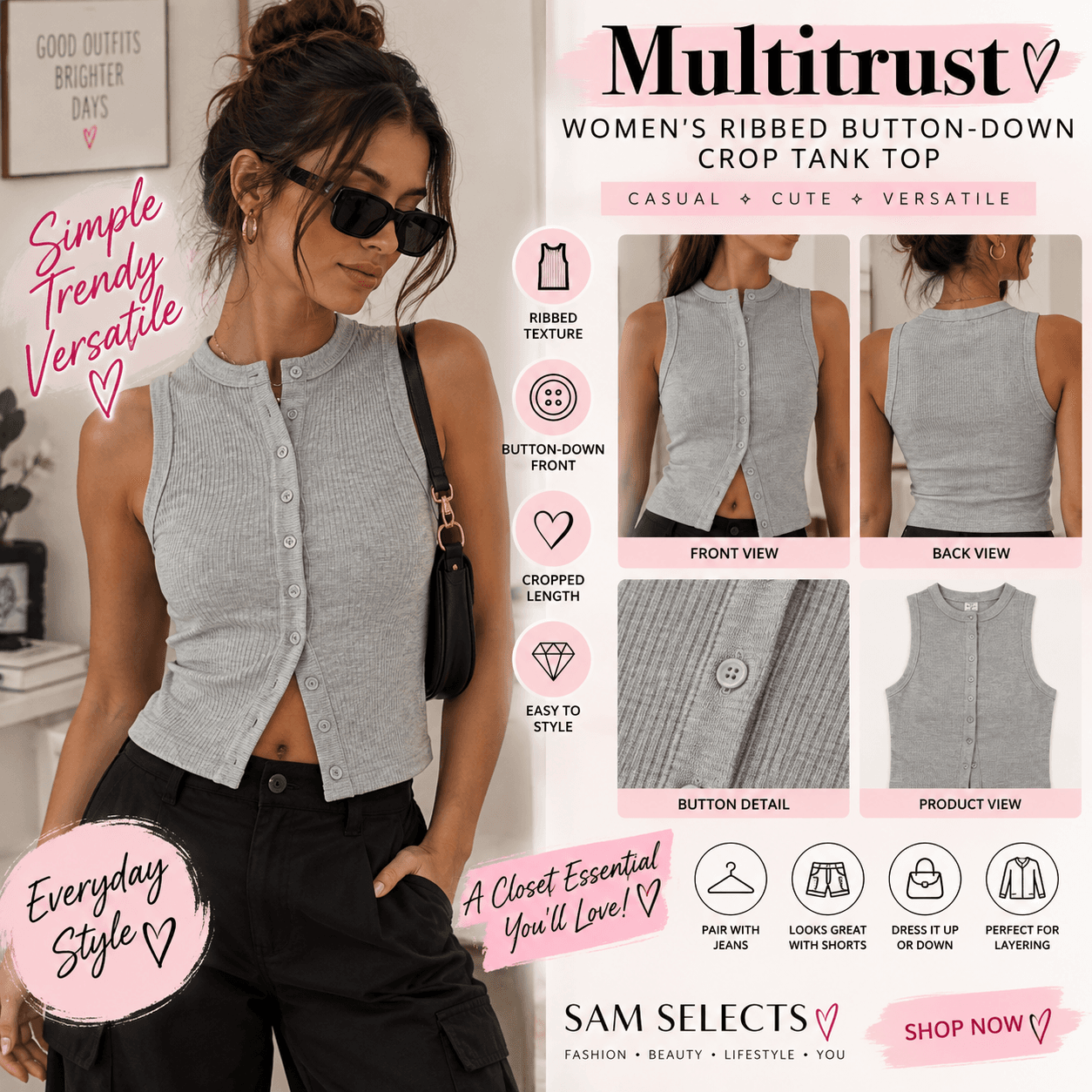 🤍 Multitrust Women’s Ribbed Button-Down Crop Tank Top | LARGE