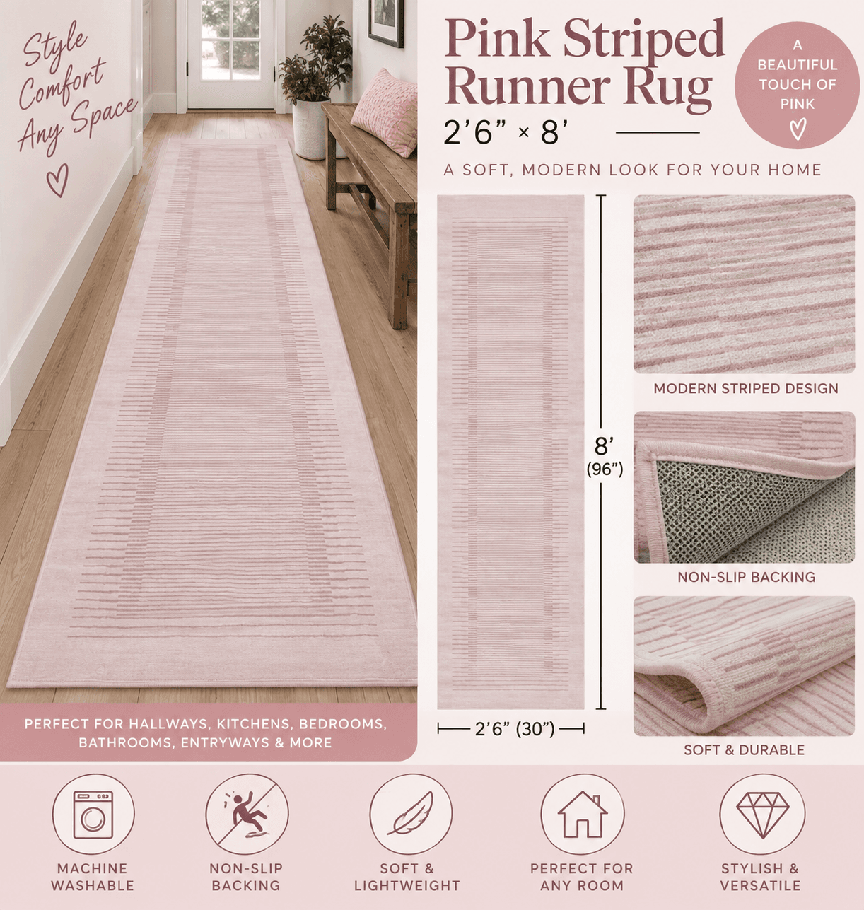 🩷 Pink Striped Washable Runner Rug 2’6” × 8’