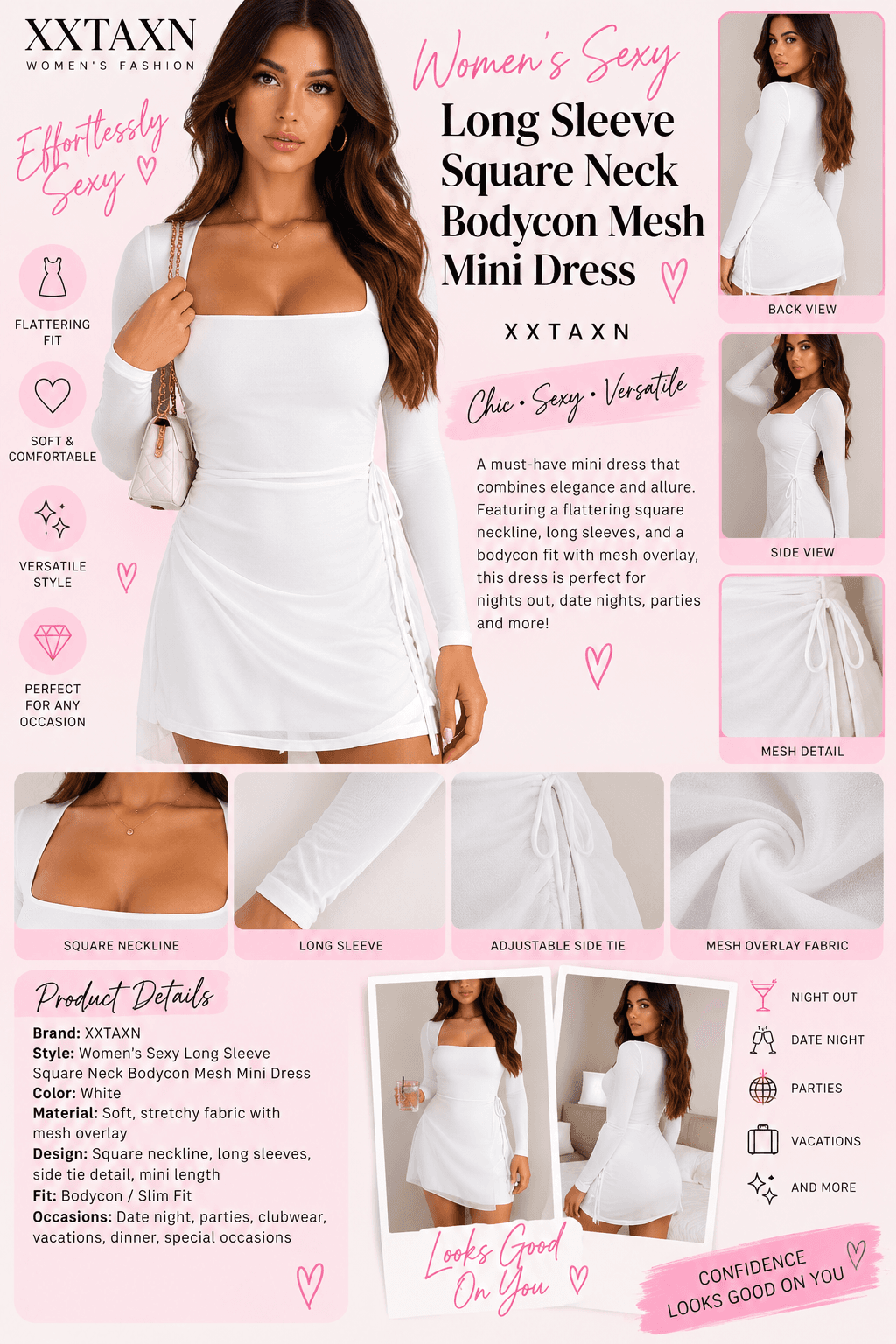 XXTAXN Women’s White Long Sleeve Square Neck Bodycon Mini Dress | Medium