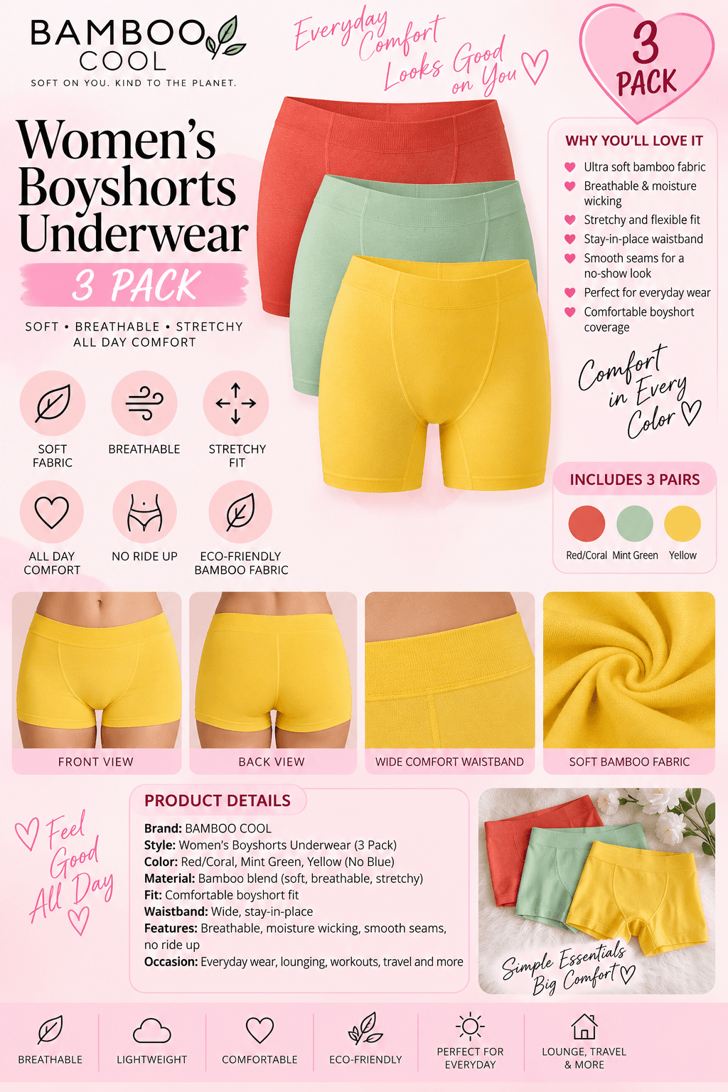 BAMBOO COOL Women’s Boyshort Underwear 