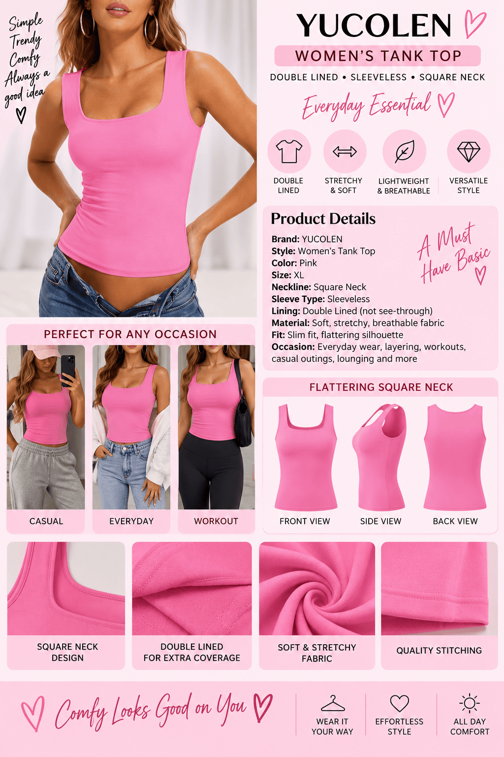 YUCOLEN Women’s Pink Double-Lined Tank Top | XL